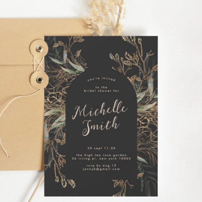 Black Onyx Modern Gold Boho Leafy Bridal Shower Invitation (Creator Uploaded)