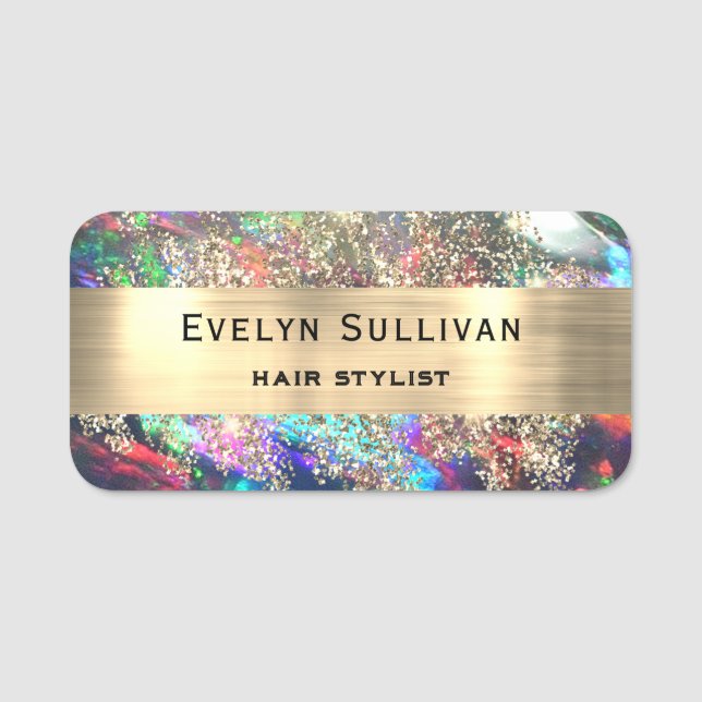 Black Opal Faux Gold Foil Glitter Name Tag (Front)