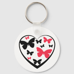 Black open heart with red & black butterflies key ring