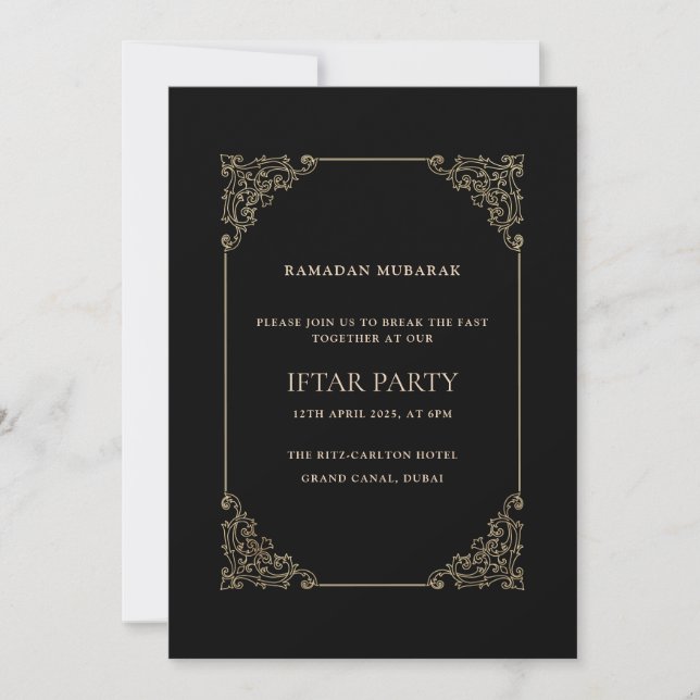 Black Opulent Baroque Frame Script Iftar Party Invitation (Front)