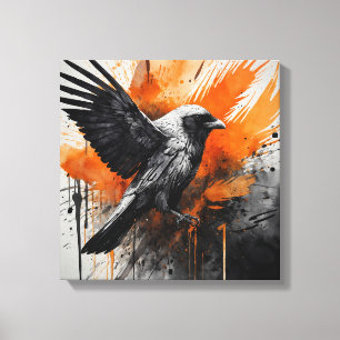 Black Orange Abstract Bird Watercolor wall art
