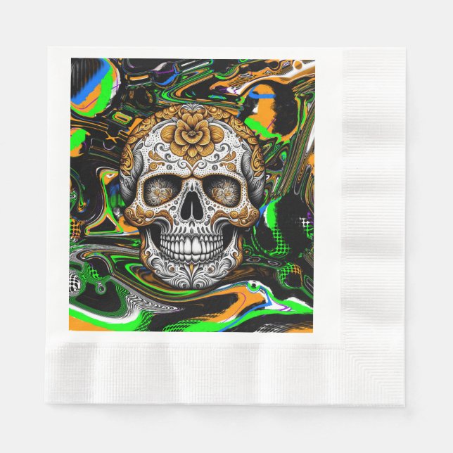 Black Orange and Lime Green Sugar Skull Art Napkin (Front)