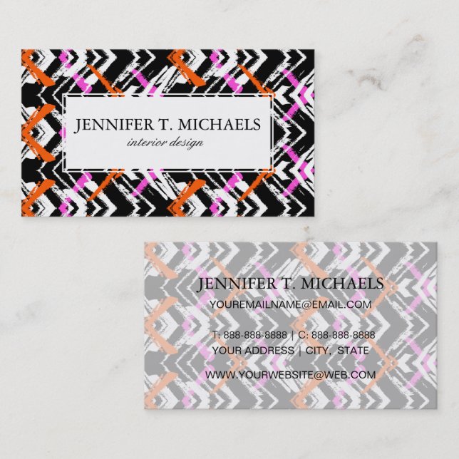 Black, Orange, And Pink Hand Drawn Arrow Pattern Business Card (Front/Back)