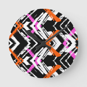 Black, Orange, And Pink Hand Drawn Arrow Pattern Round Clock