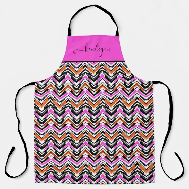 Black, Orange, And Pink Hand Drawn Chevron Pattern Apron (Front)