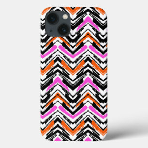 Black, Orange, And Pink Hand Drawn Chevron Pattern iPhone 13 Case
