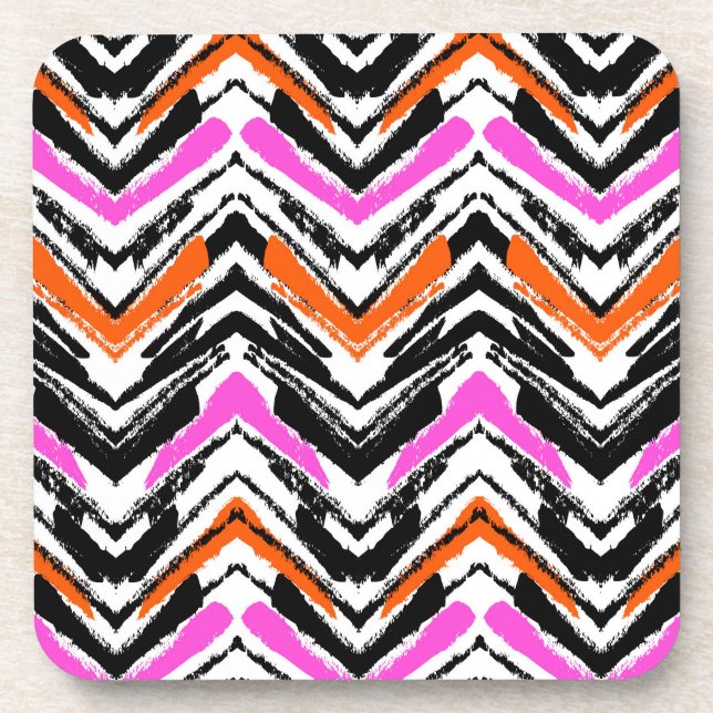 Black, Orange, And Pink Hand Drawn Chevron Pattern Coaster (Front)