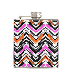 Black, Orange, And Pink Hand Drawn Chevron Pattern Hip Flask