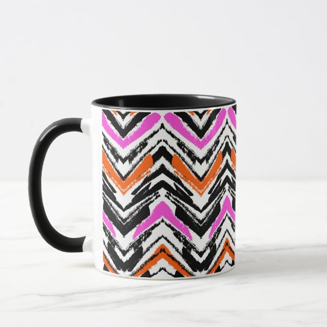 Black, Orange, And Pink Hand Drawn Chevron Pattern Mug (Left)