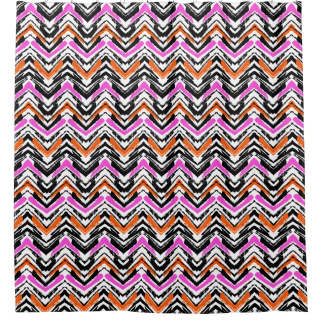 Black, Orange, And Pink Hand Drawn Chevron Pattern Shower Curtain (Front)