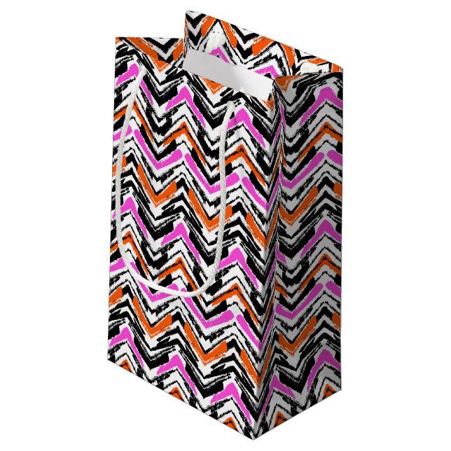 Black, Orange, And Pink Hand Drawn Chevron Pattern Small Gift Bag (Back Angled)