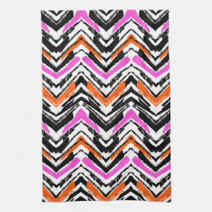 Black, Orange, And Pink Hand Drawn Chevron Pattern Tea Towel