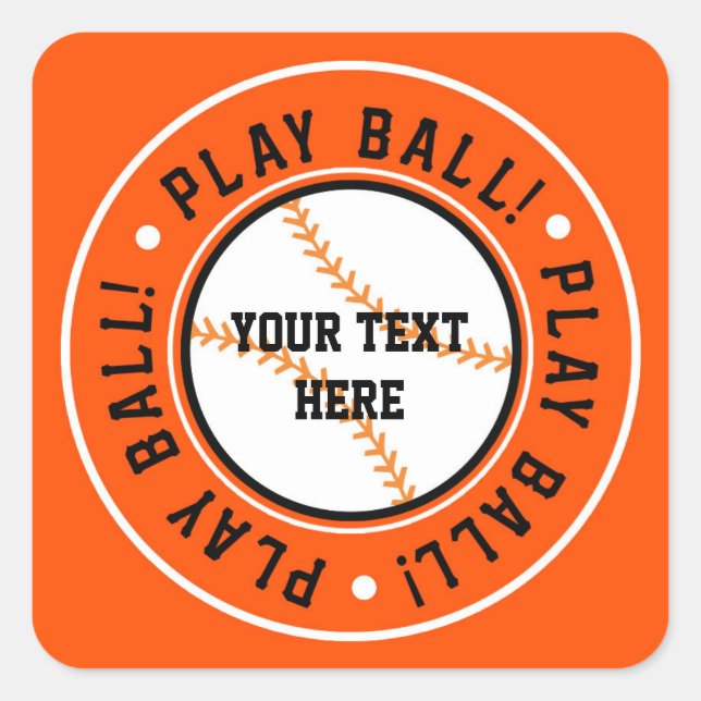 Black & Orange Baseball PLAY BALL Party Sticker (Front)