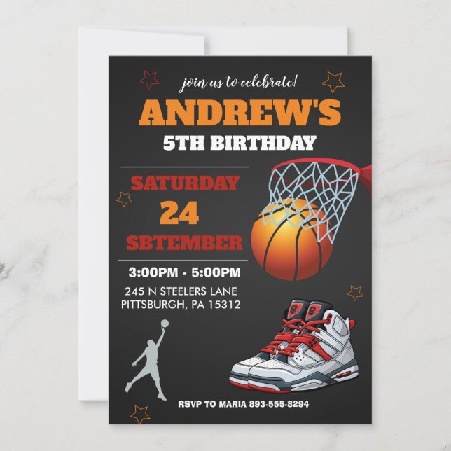 Black Orange Basketball Birthday Invitation (Front)