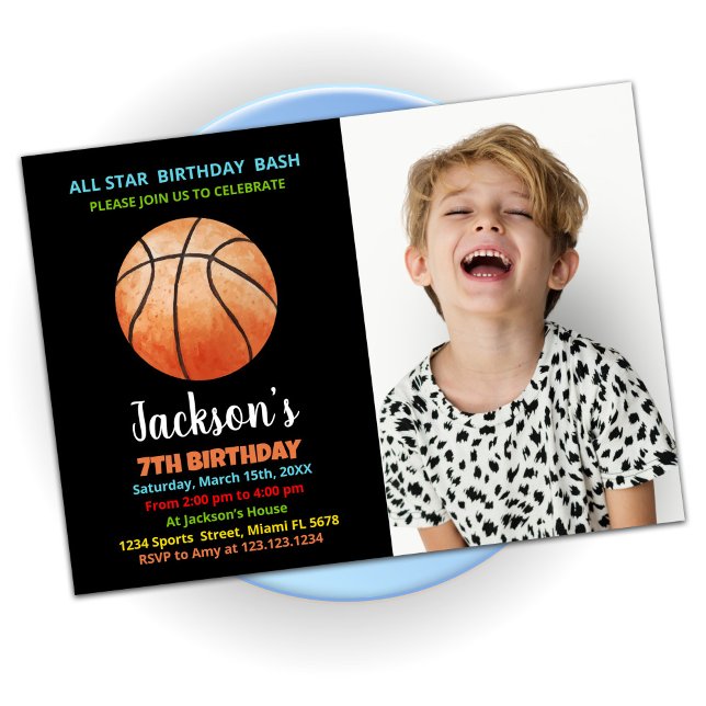 Black Orange Basketball Birthday Invitations photo (Creator Uploaded)