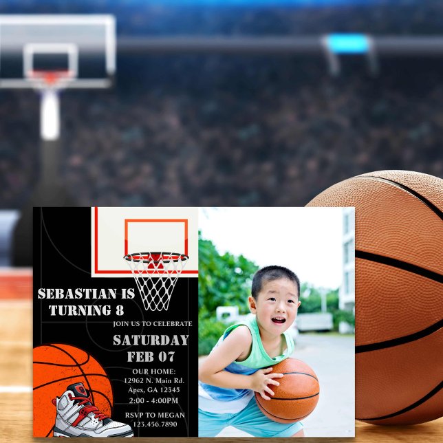 Black Orange Basketball Photo Birthday Invitations (basketball photo birthday invitation for kids)