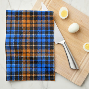 Black Orange Blue Plaid Tartan Design Tea Towel