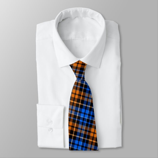 Black Orange Blue Plaid Tartan Design  Tie (Tied)