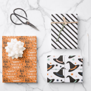 Black Orange Boo to You Witch Hat Sripes Halloween Wrapping Paper Sheet