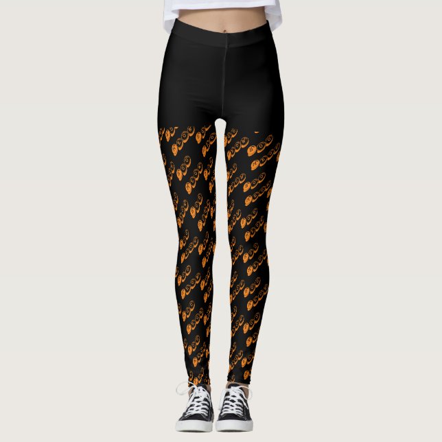 Black Orange Boo Typography Pattern Halloween Leggings (Front)