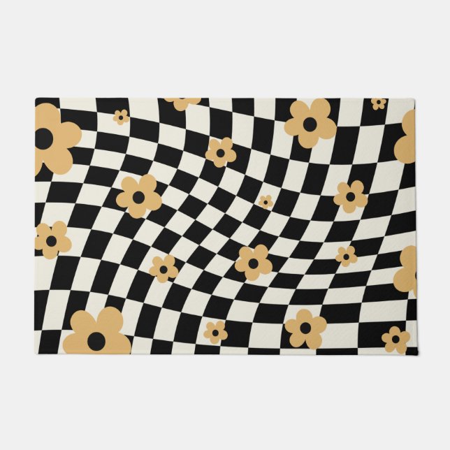 Black Orange Chequered Floral Doormat (Front)