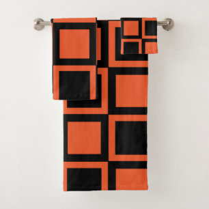 Black Orange Chequered Square Pattern Bath Towel Set