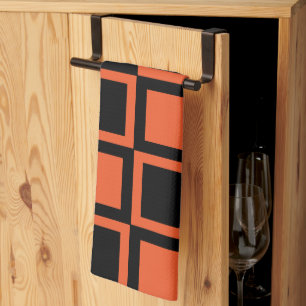 Black Orange Chequered Square Pattern Tea Towel