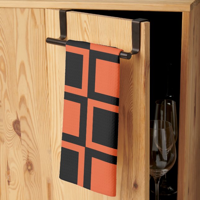 Black Orange Chequered Square Pattern Tea Towel (Thirds Fold)