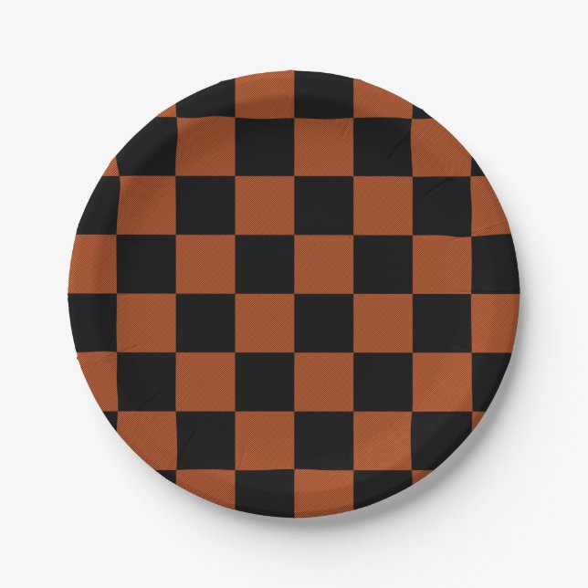Black & Orange Chequered Squares Buffalo Plaid Paper Plate (Front)
