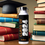 Black Orange Class of 2024 Personalised Graduation Water Bottle<br><div class="desc">This black orange custom senior graduate water bottle features bold white typography reading class of 2024 in varsity letters for a high school or college graduation party keepsake gift. Customise with your name in elegant cursive script underneath for a great commemorative favour.</div>