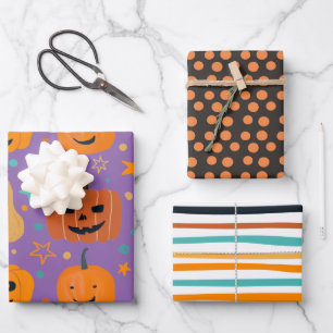 Black Orange Cute Pumpkin Stripes Halloween  Wrapp Wrapping Paper Sheet