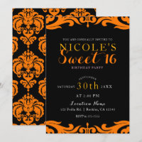 Black & Orange Damask Chic Elegant Sweet 16 Party