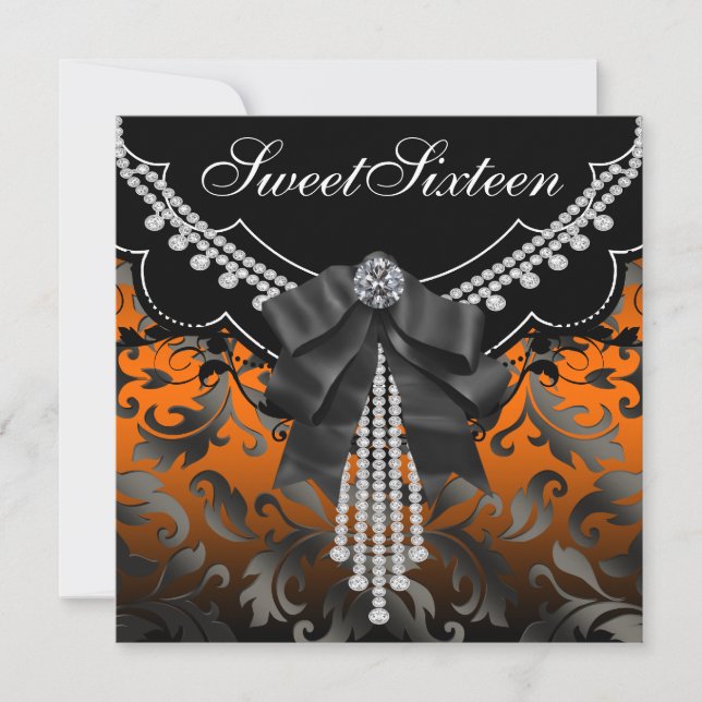 Black Orange Damask Sweet Sixteen Party Invitation (Front)