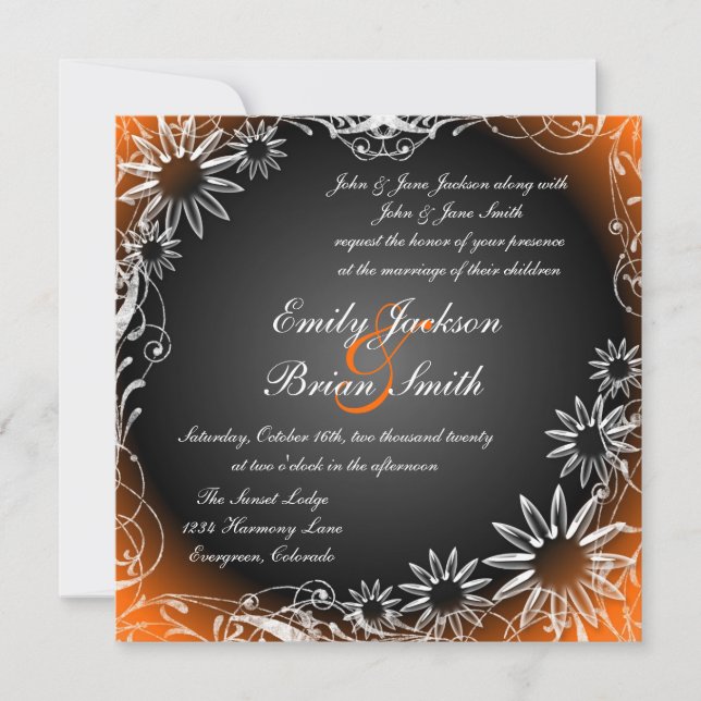 Black orange fade daisy flower wedding invitations (Front)