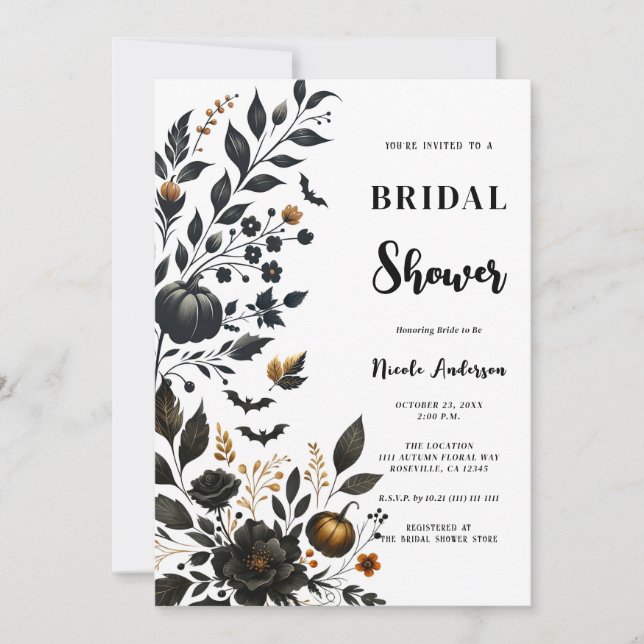 Black Orange Fall Floral Halloween Bridal Shower Invitation (Front)