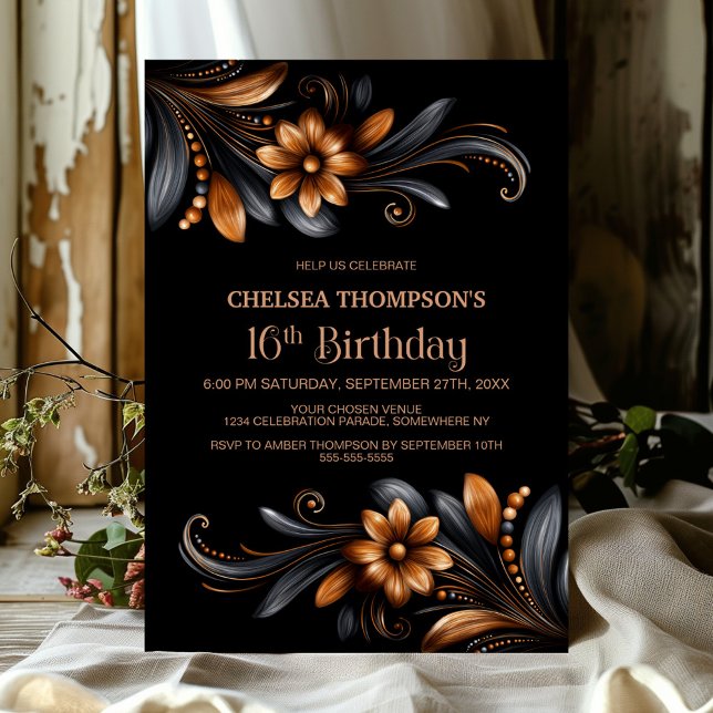 Black Orange Floral 16th Birthday Party Invitation (Creator Uploaded)