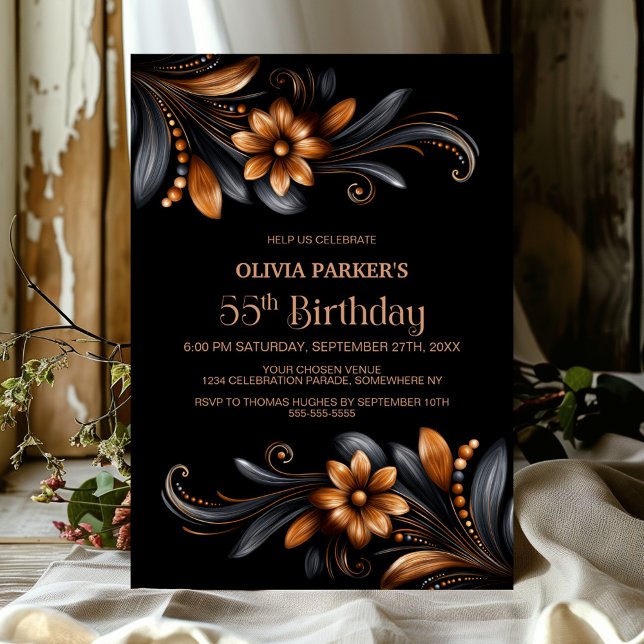 Black Orange Floral 55th Birthday Party Invitation (Creator Uploaded)