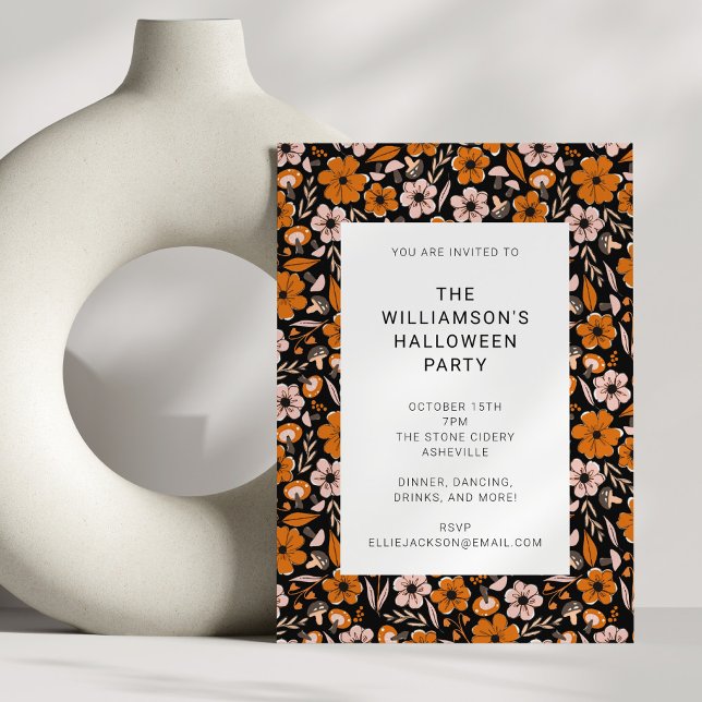 Black Orange Flowers Mushrooms Halloween Party Invitation (Creator Uploaded)