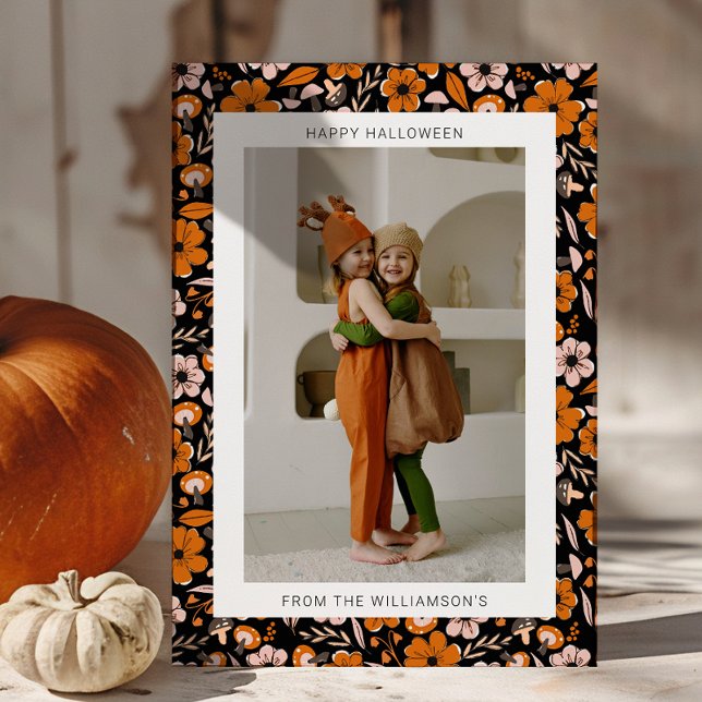 Black Orange Flowers Mushrooms Halloween Photo Holiday Card (Creator Uploaded)