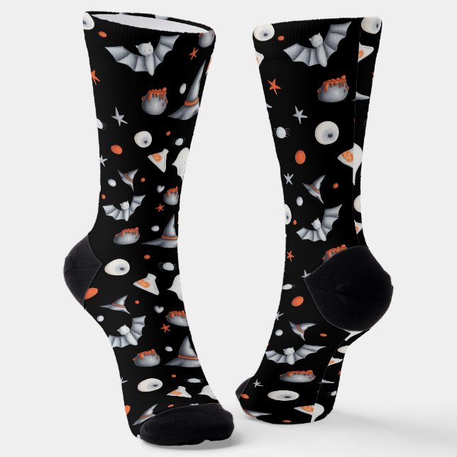 Black Orange Ghosts Bats Illustrated Halloween Socks (Angled)