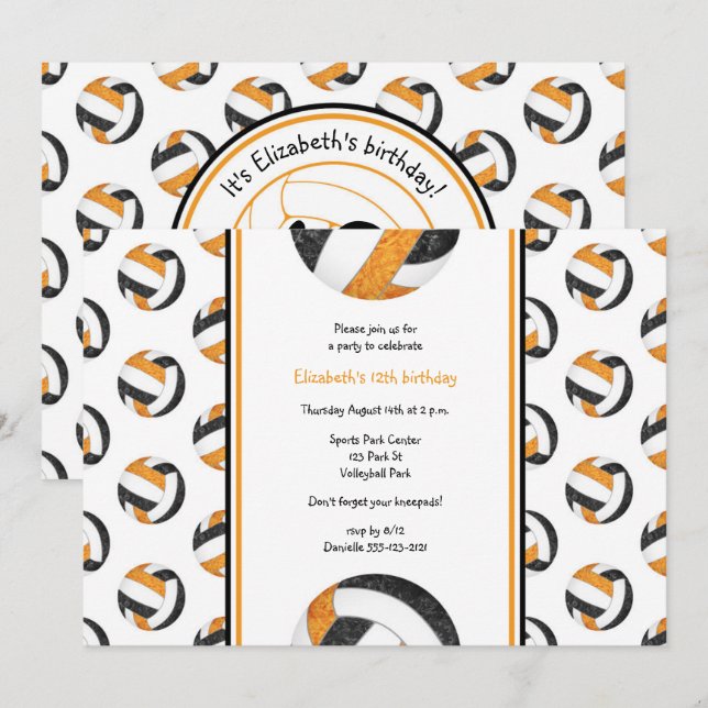 black orange girls' volleyball birthday party invitation (Front/Back)