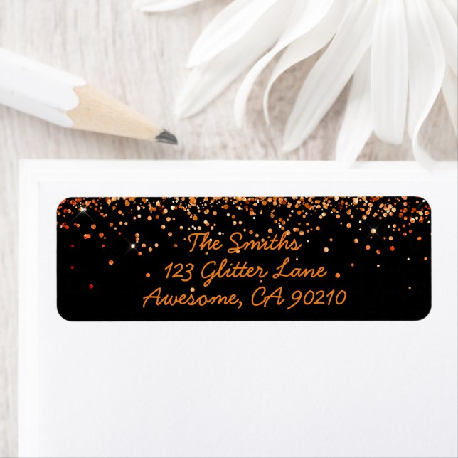 Black Orange Glitter Modern Wedding Return Address (Insitu)
