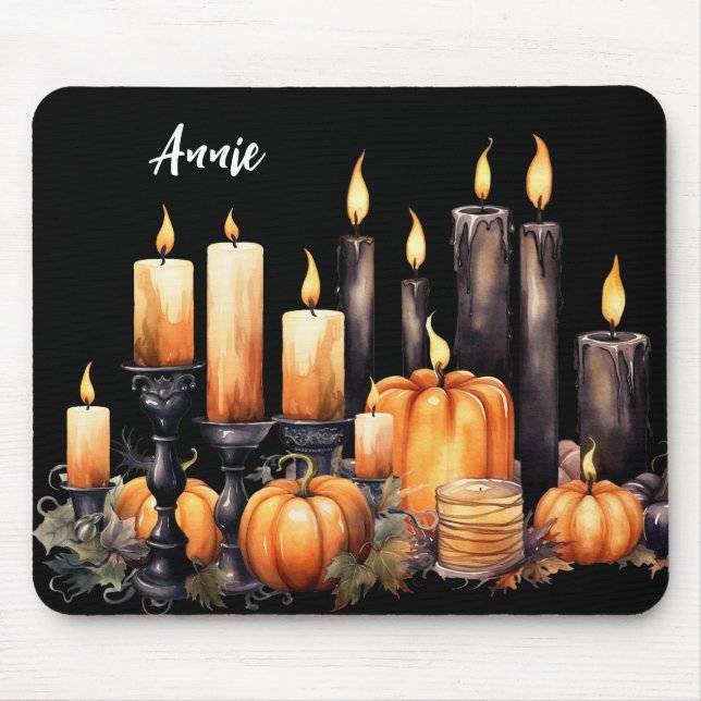 BLACK & ORANGE GOTHIC HALLOWEEN CANDLES PUMPKINS MOUSE MAT (Front)