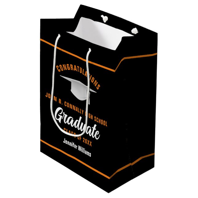 Black Orange Graduate Custom Graduation Party Medium Gift Bag (Front Angled)