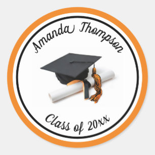 Black Orange Graduation Cap and Tassel Classic Round Sticker