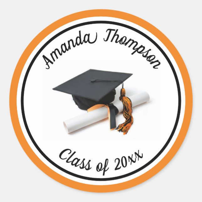Black Orange Graduation Cap and Tassel Classic Round Sticker (Front)