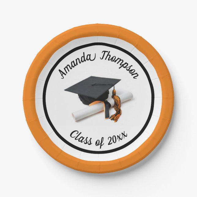 Black Orange Graduation Cap and Tassel | Custom Paper Plate (Front)