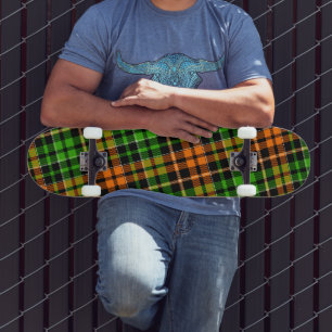 Black Orange Green Plaid Tartan Design Skateboard