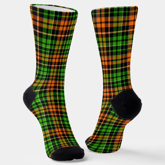 Black Orange Green Plaid Tartan Design  Socks (Angled)