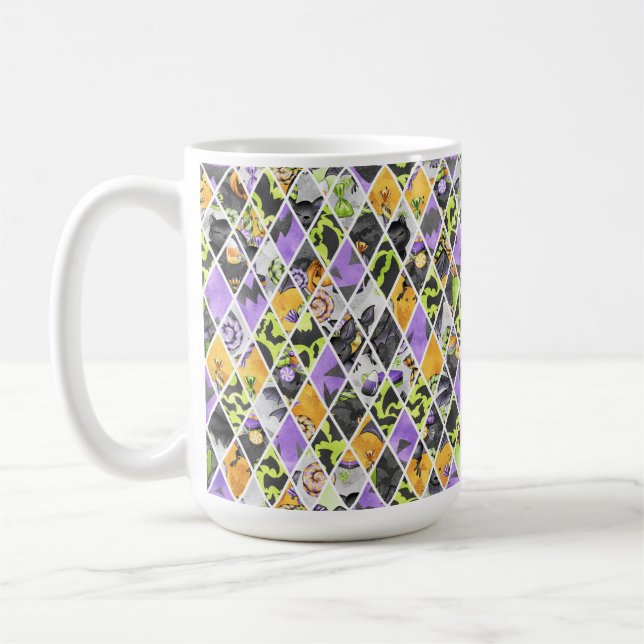 BLACK ORANGE GREEN PURPLE HALLOWEEN DIAMOND COFFEE MUG (Left)